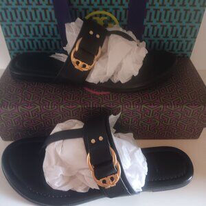 TORY BURCH  BLACK & GOLD BUCKLE MARSDEN LEATHER T-STRAP THONG SANDLES